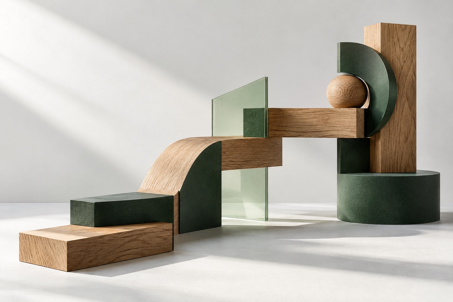 Oak and green sculptural forms connected into a shared structure